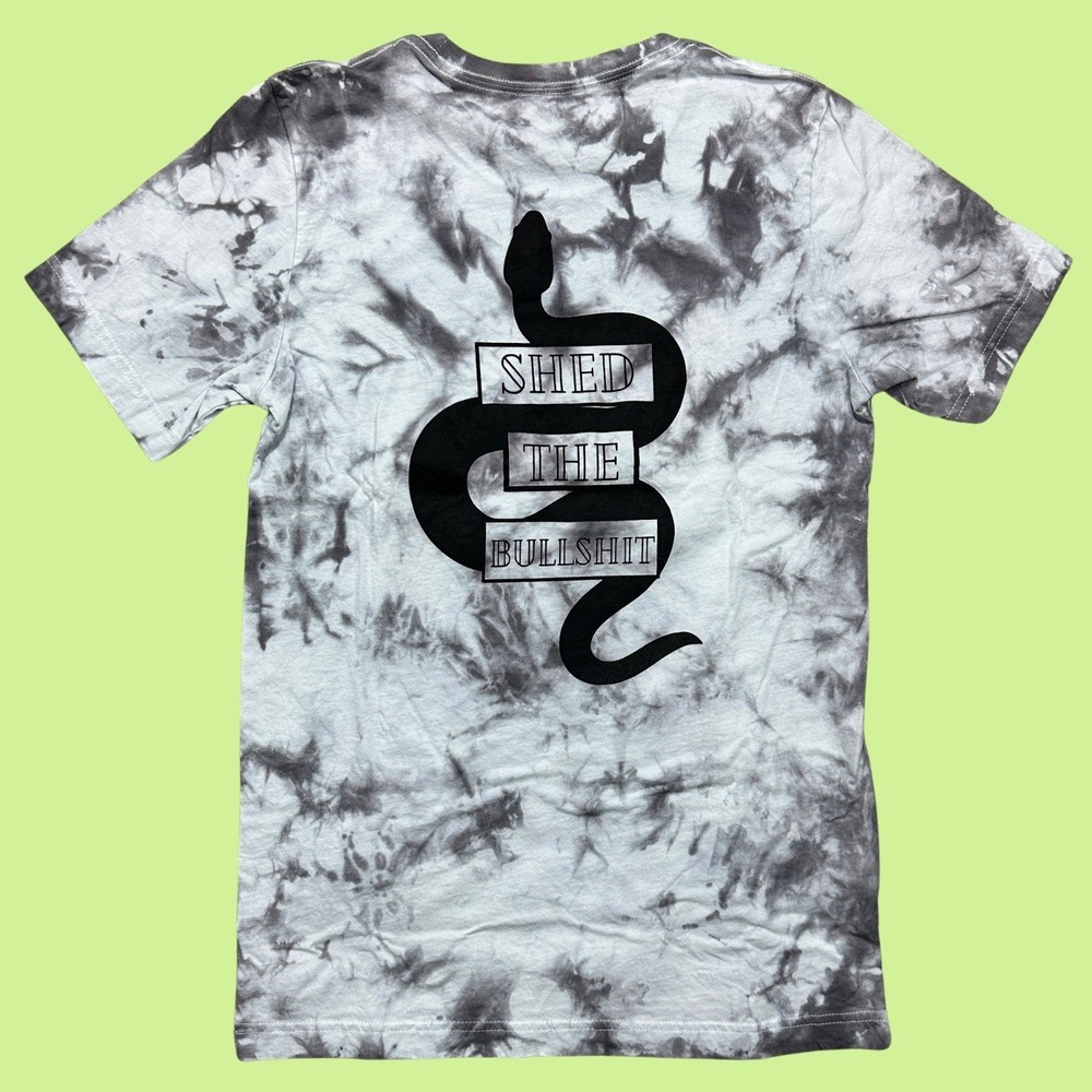 Inner Thoughts Grey and White Tie Dye Shed The‎ BS Tee Shirt with Snake Design